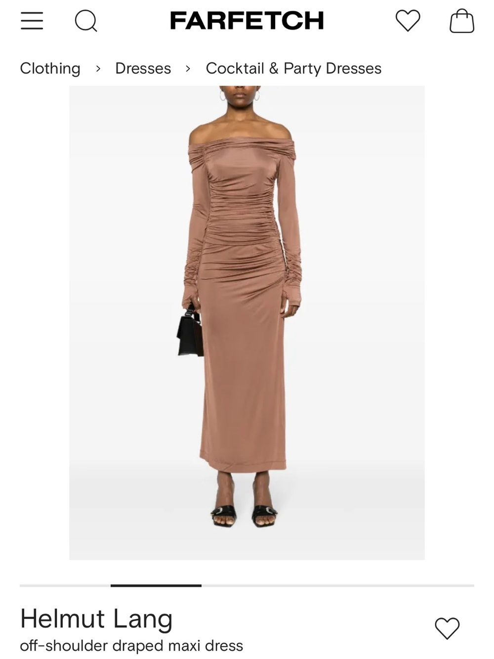 Helmut Lang Off-Shoulder Ruched Maxi Dress in Brown